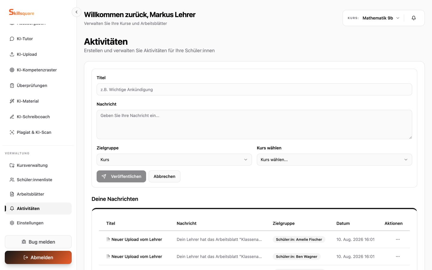 Skillsquare Aktivitätenansicht zum Veröffentlichen und Nachverfolgen von Klassennachrichten