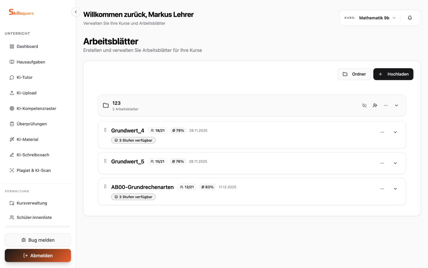 Skillsquare Arbeitsblattverwaltung für Lehrkräfte mit Ordnern, Zuweisungen, Ergebnissen und drei verfügbaren Differenzierungsstufen
