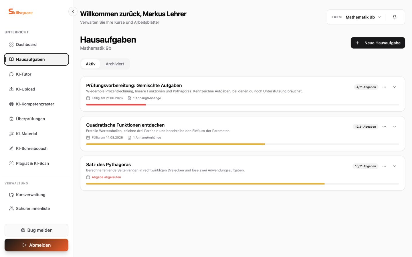 Übersicht der Schülerabgaben in Skillsquare