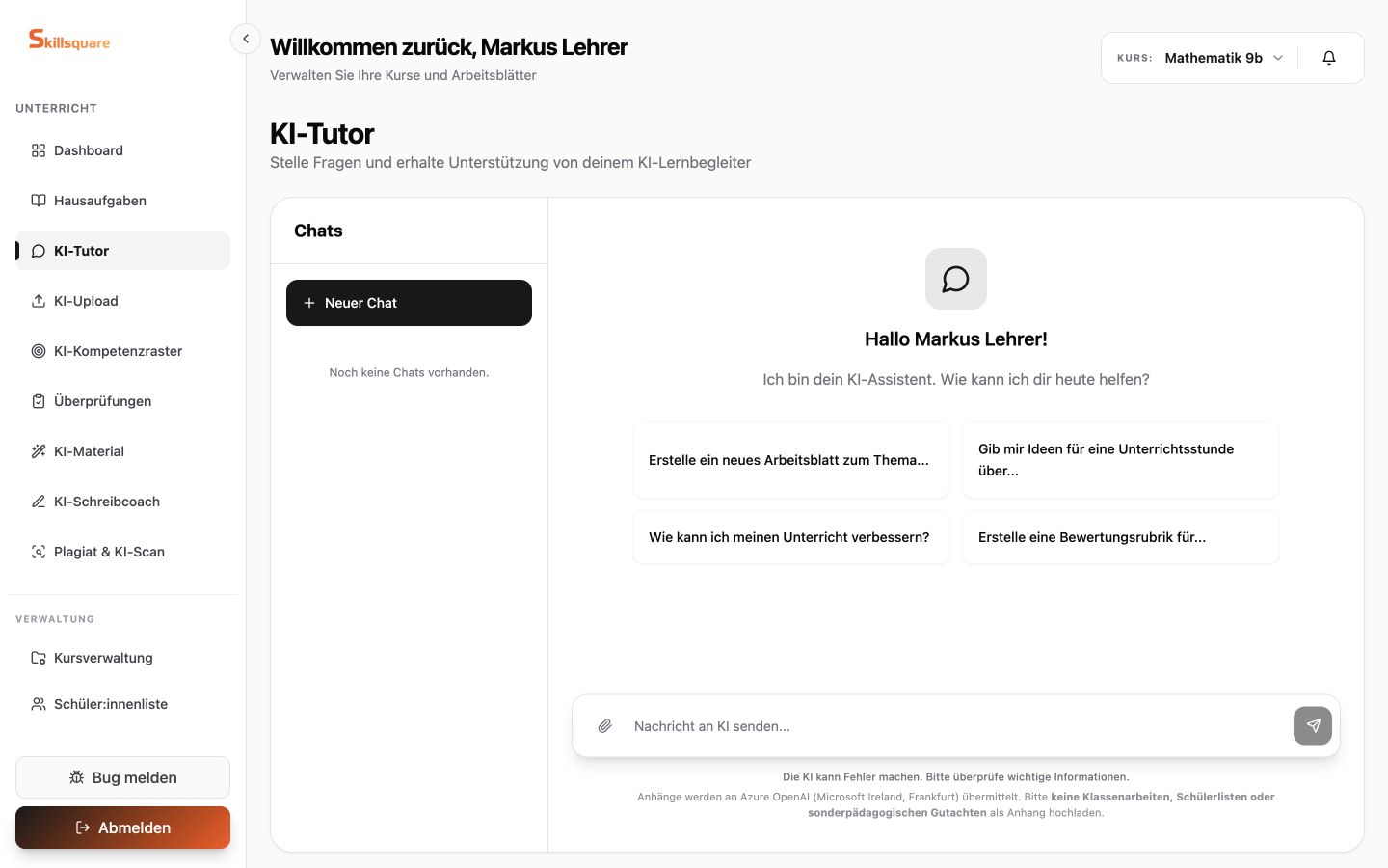 Skillsquare KI-Tutor für Lehrkräfte mit Unterrichtsideen, Arbeitsblatt-Hilfe und Chat-Eingabe