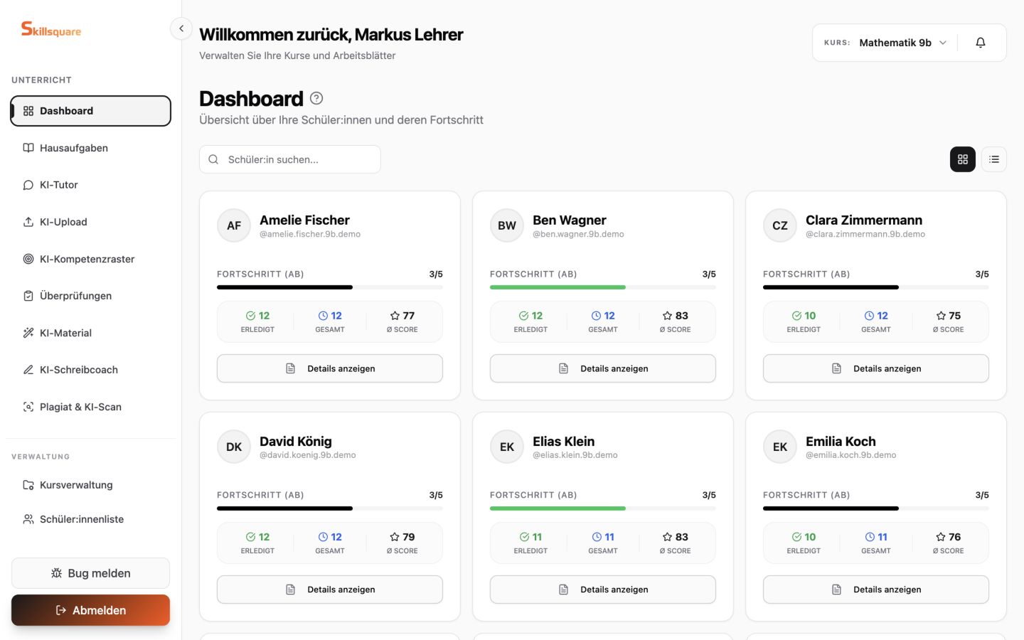Skillsquare Lehrer-Dashboard mit Lernständen der Mathematikklasse 9b