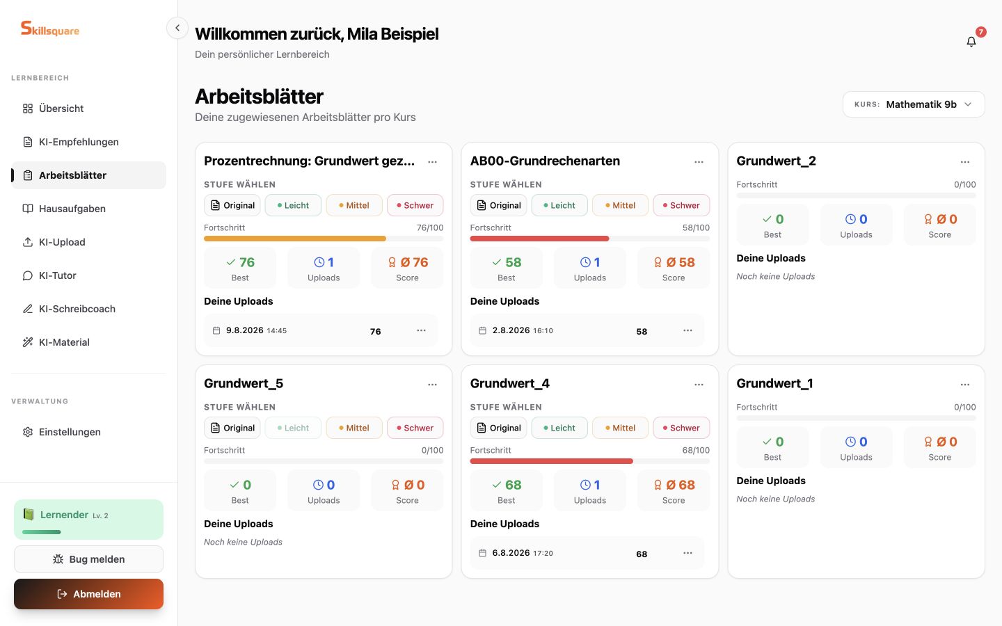 Skillsquare Arbeitsblattübersicht für Schüler mit Schwierigkeitsstufen, Fortschritt und bisherigen Uploads