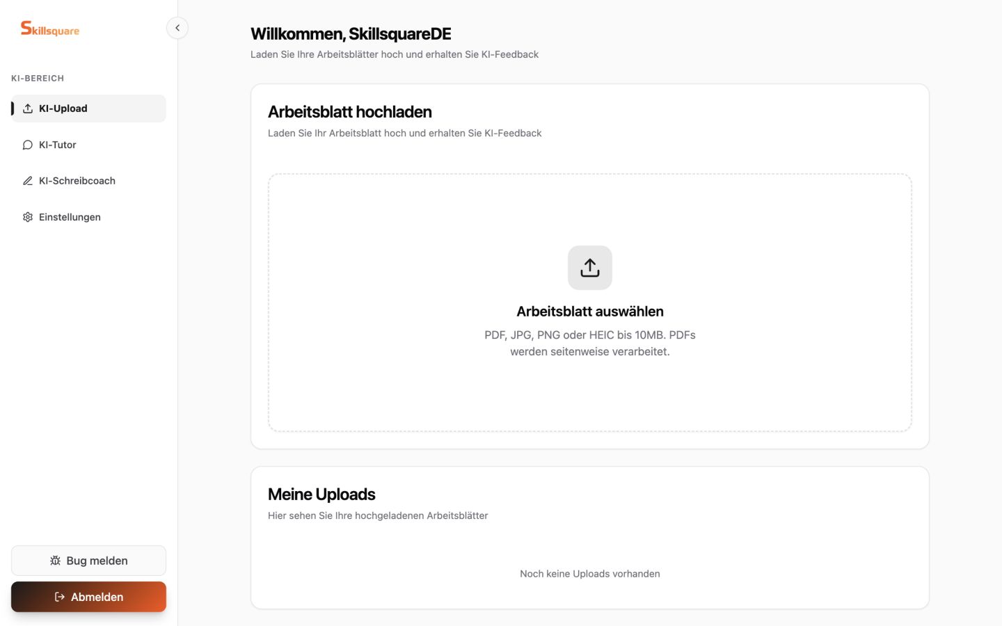 Standalone-Schüler:innenbereich mit KI-Upload, KI-Tutor, KI-Schreibcoach und Einstellungen