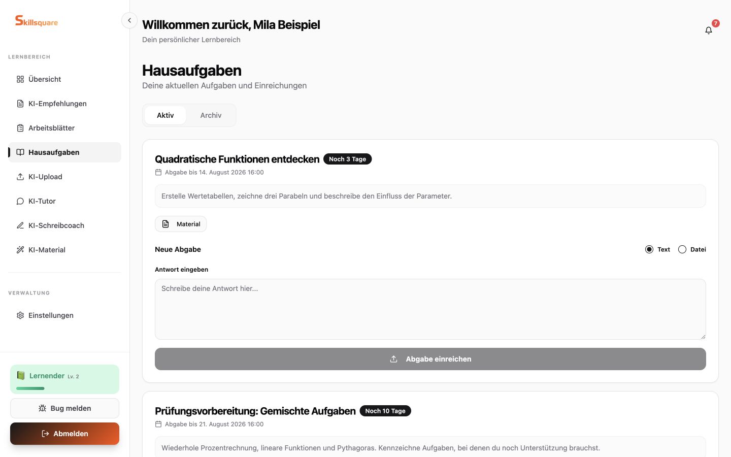 Skillsquare Hausaufgabenansicht für Schüler mit Frist, Aufgabenbeschreibung, Material und digitaler Abgabe