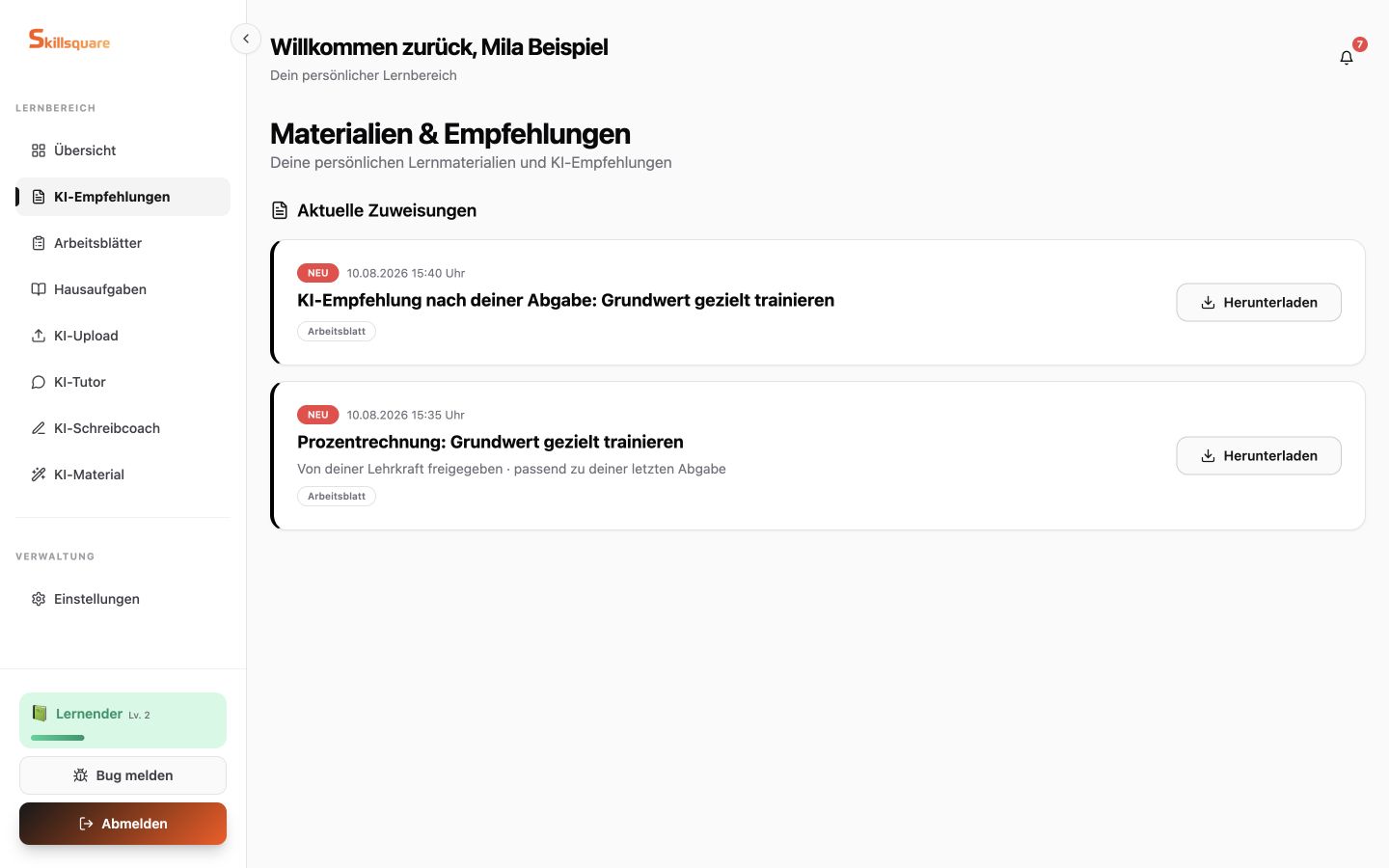 Skillsquare KI-Empfehlungen für Schüler mit einer Folgeübung nach einer ausgewerteten Abgabe und Freigabe durch die Lehrkraft