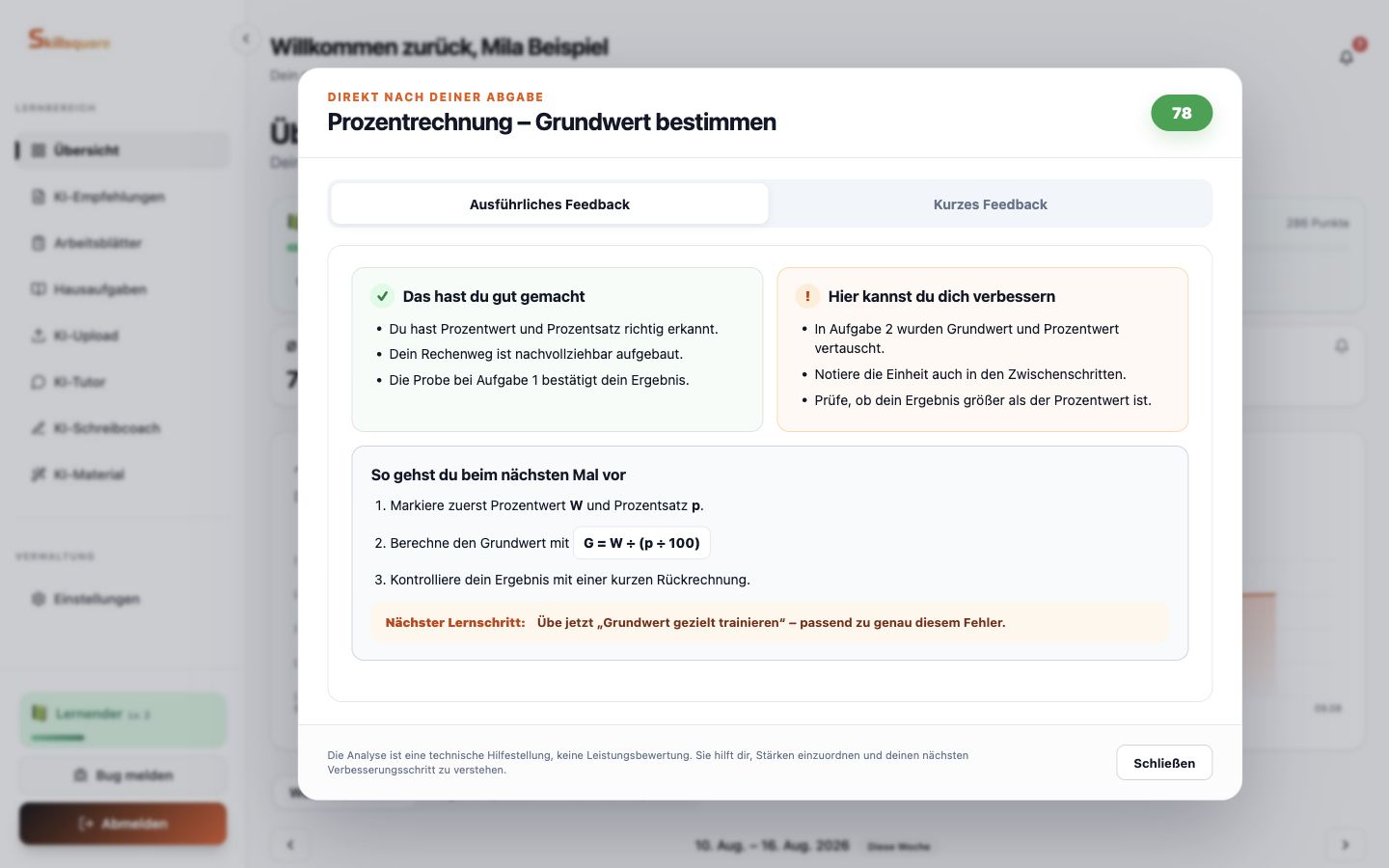 Beispielhaftes Skillsquare KI-Feedback für Schüler mit erkannten Stärken, konkreten Verbesserungen und dem nächsten empfohlenen Lernschritt