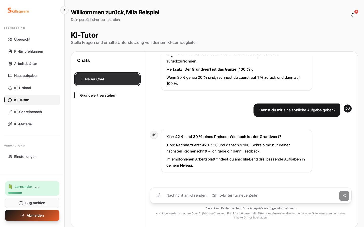 Skillsquare KI-Tutor für Schüler mit kontextbezogener Erklärung, Übungsaufgabe und Bezug zum empfohlenen Arbeitsblatt