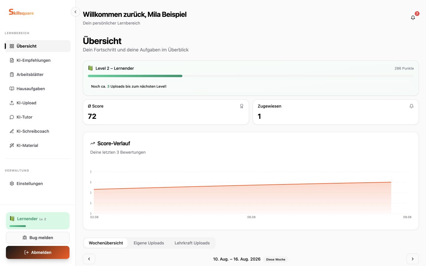 Skillsquare Schülerübersicht mit Lernlevel, Score-Verlauf und Wochenaufgaben am Beispiel einer fiktiven Schülerin