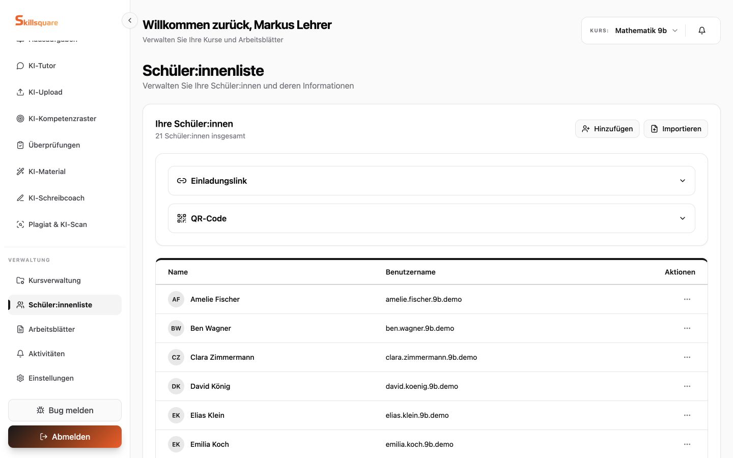 Skillsquare Schüler:innenliste mit Einladungslink, QR-Code, Import und zentraler Verwaltung einer Klasse